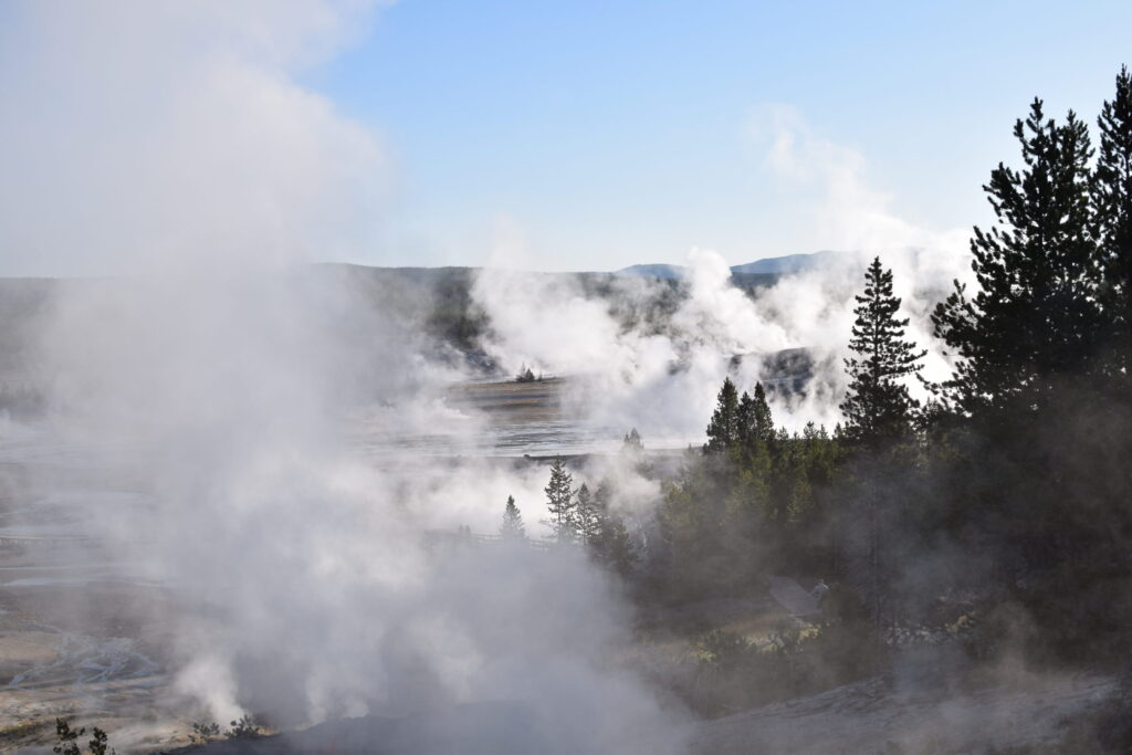 geyser basin with rising plumes of mist